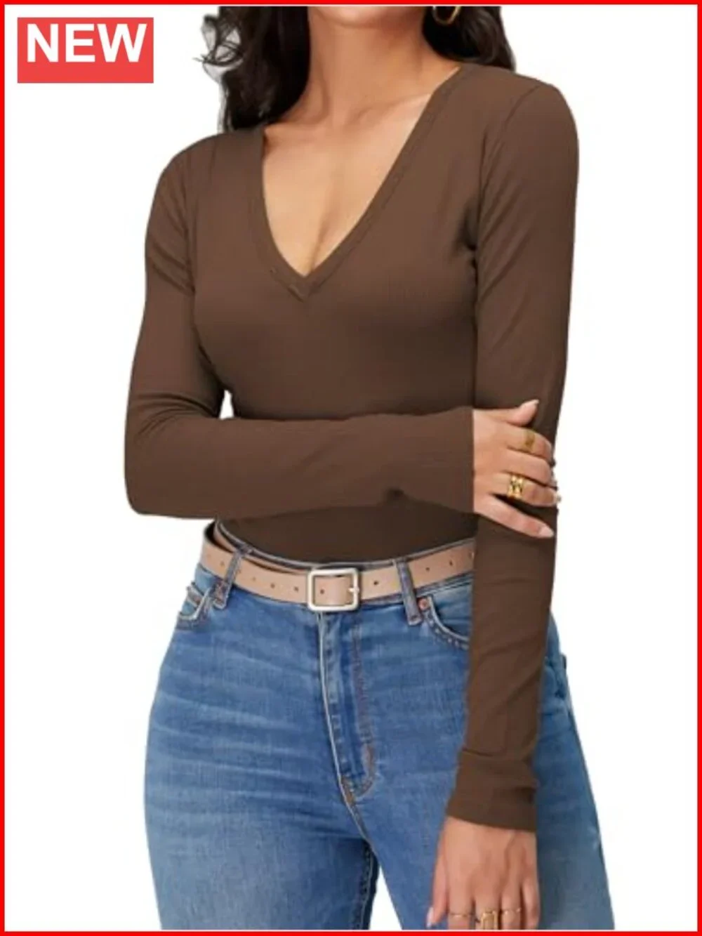 Women's Long Sleeve V Neck Ribbed Knit Slim Fit Business Casual Top